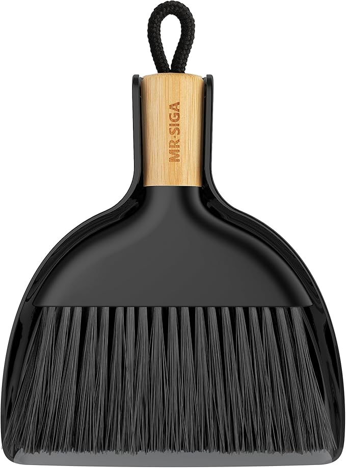 MR.SIGA Dustpan and Brush Sets, Mini Dust Pan and Brush Bamboo Handle, Durable Bristles and Easy-Sweep Blade, Lightweight Design, Black