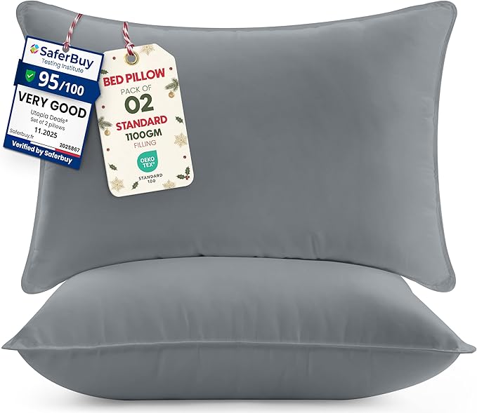 Utopia Bedding Pillows 2 Pack, (UK Standard, Grey) Hotel Quality Luxury Bed Pillow for Back, Stomach or Side Sleepers