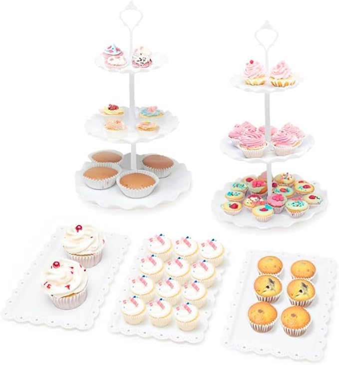 Cake Stand & Appetiser Tray Set | 5 Piece | Plastic Cupcake 3-Tier Display | Party Christmas Birthday (Round)