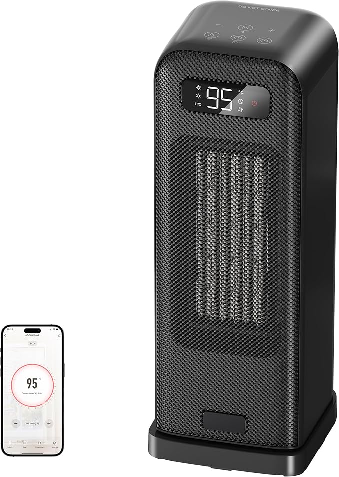 Electric Heaters for Home, 1500W Energy Efficient Quiet Space Heater with Programmable Thermostat, WiFi & Voice Control,12H Timer, ECO Mode & 70° Oscillation for Office, Bedroom, 40cm, Black