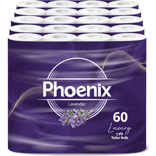 60 Phoenix Toilet Roll Bulk Buy-Quilted White 3 Ply Lavender Fragranced Toilet Paper (5 x 12 Packs,155 Sheets per roll)