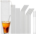 16 Pcs Metal Straws Set – 8 Straight & 8 Curved (Long & Short), Reusable Stainless Steel Straws with 2 Cleaning Brushes & Bag, Dishwasher Safe