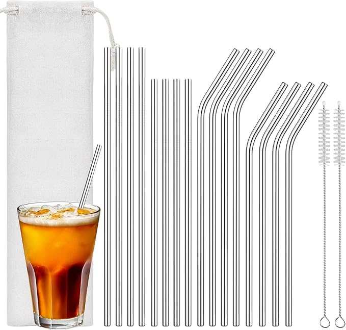 16 Pcs Metal Straws Set – 8 Straight & 8 Curved (Long & Short), Reusable Stainless Steel Straws with 2 Cleaning Brushes & Bag, Dishwasher Safe