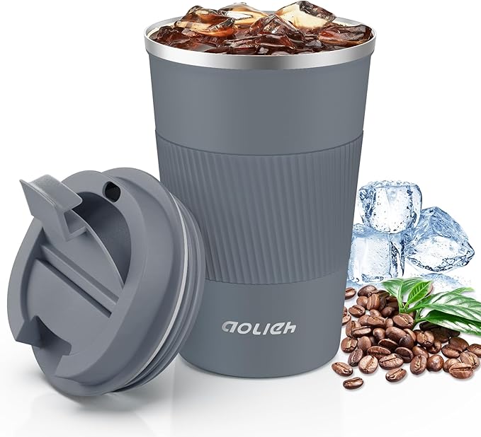 Travel Mug, Insulated Coffee Cup with Lid, Reusable Double Walled Vacuum Flask Leakproof Coffee Mug, Stainless Steel Thermal Cup for Hot Cold Drinks, Coffee, Tea and Beer, Gray 380ml