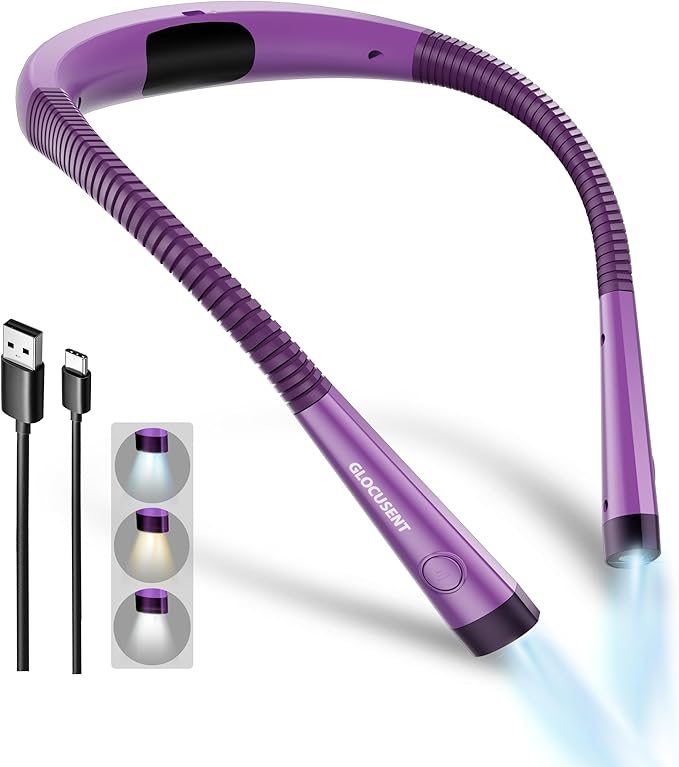 Glocusent LED Neck Reading Light, Book Light for Reading in Bed, 3 Colors, 6 Brightness Levels, Bendable Arms, Rechargeable, Long Lasting, Perfect for Reading, Knitting, Camping, Repairing (Purple)