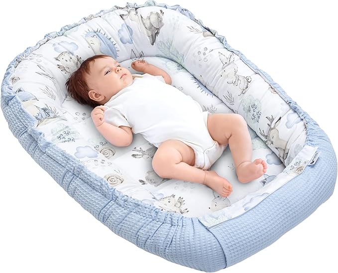 Medi Partners Baby Nest Pod for Newborn Babynest Sleep Bed - 100x60x15 Lounger Essentials 0-12 Months sleeping bilateral Cocoon 100% Cotton Waffle (Deer and Hedgehogs with light blue Waffle)