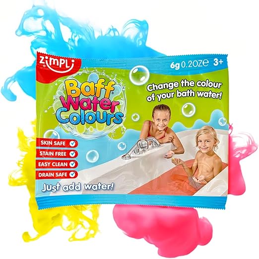 ZIMPLI - Baff Water Colours Party Bag Filler, 3 tabs in each bag, Blue, Red or Yellow, Children's Colour Changing Bath Tab Drops, Pass the Parcel Gifts