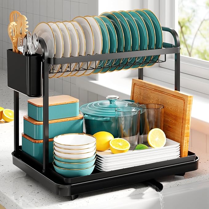 Kitsure Dish Drainer Rack - Space-Saving Dish Drainer, Dish Racks for Kitchen Counter, Stainless Steel Kitchen Drying Rack with a Cutlery Holder, 2-Tiers, Black