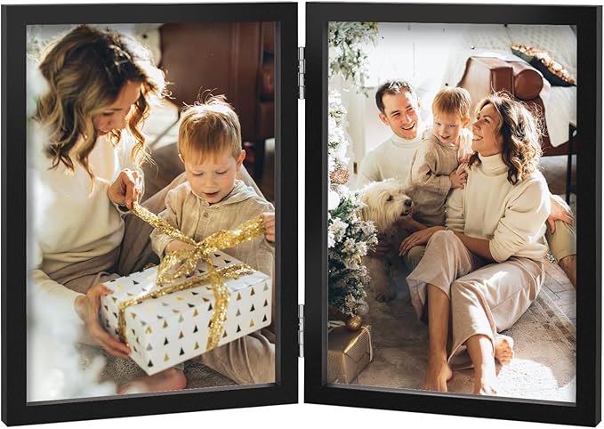 Double Photo Frame 4x6 Hinged Folding Wood Picture Frame with Glass Front Stand Vertical on Desktop Black