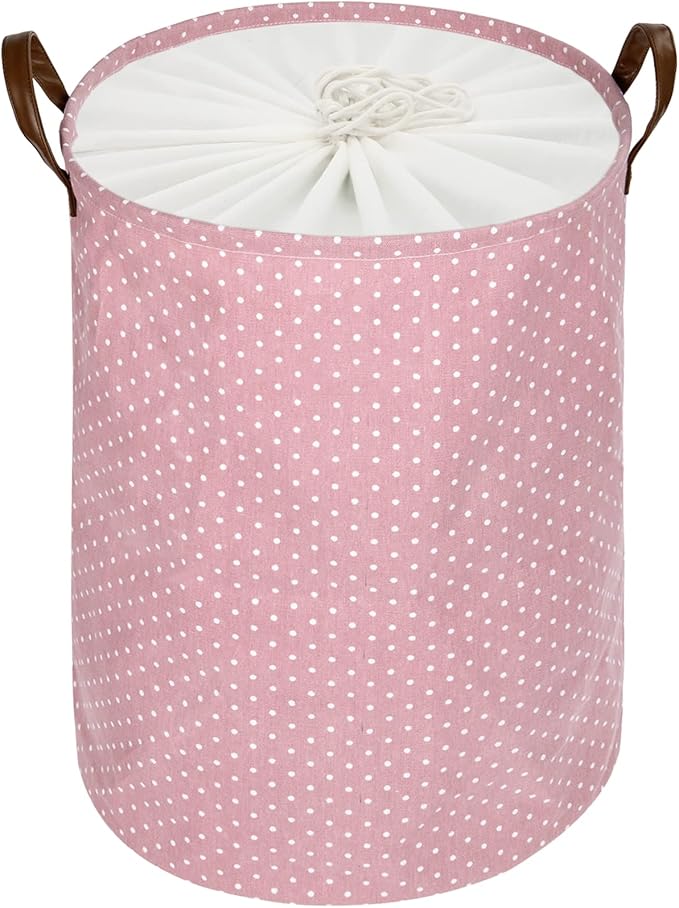 DOKEHOM 20-Inches Freestanding Laundry Basket with Lid, Collapsible Large Drawstring Clothes Hamper Storage with Handle (Pink, L)