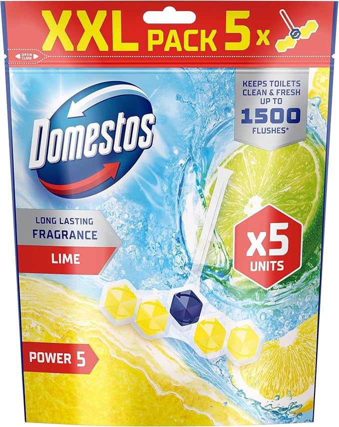 Domestos Power 5 Lime Toilet Rim Blocks toilet freshener with a long-lasting fragrance clean and freshen for up to 300 flushes 5x 50 g