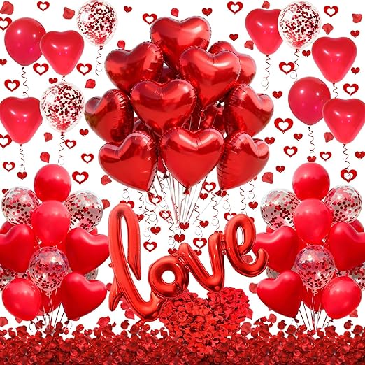 Valentine's Day Balloon Decoration Set with 42inch Love Balloon Red Heart Balloons Rose Petal 50 Pcs Red Heart Hanging Streamer for Valentines Anniversary Proposal Wedding Party Decorations