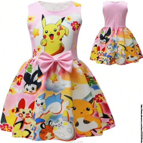 (dress-3, kids 110) MINISO Pikachu PokÃ©mon Girl Dress Cartoon Summer Fashion Children Princess Baby Girl Toddler Sleeveless Cute Party Dresses 1-9Y