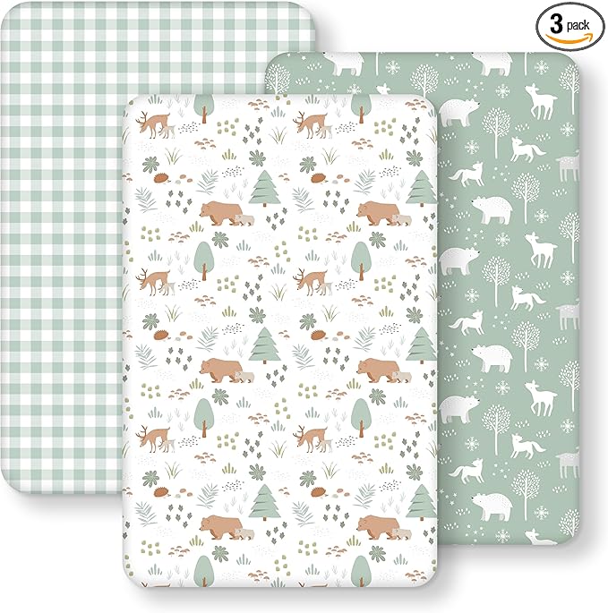 Next to Me Crib Sheets 85x51cm Fitted, 3 Pack Baby Cot Sheets, Ultra Soft & Silky Smooth Microfiber Bedside Crib Fitted Sheets Green Forest Bear
