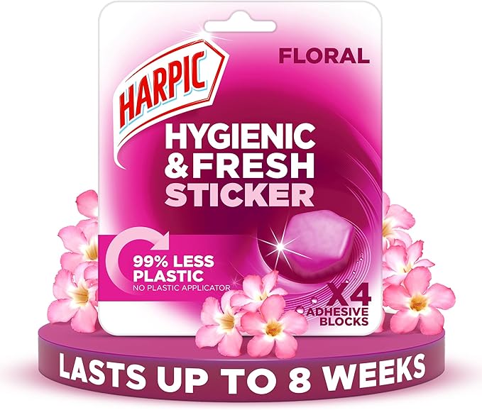 Harpic Hygienic Fresh Sticker Adhesive Toilet Block, Floral, Pack 1 x 4 Stickers, Toilet Freshener, No Plastic Applicator, Up to 8 weeks of Freshness