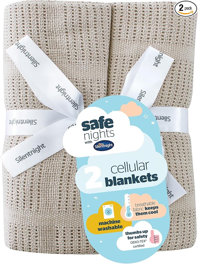 Silentnight Safe Nights Baby Blanket - Pack of 2 Soft 100% Cotton Cellular Baby Blanket for Newborn Ideal for Cot, Crib, Moses Basket and Pram - Baby Essentials - 2 Pack - Natural