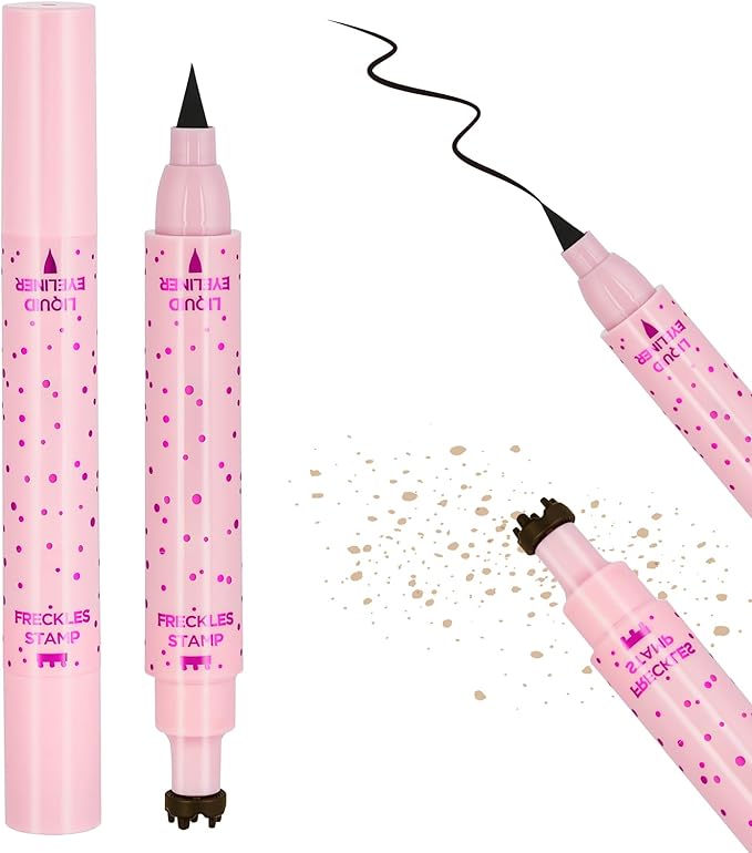 LOPHE 2-in-1 Eyeliner Freckle Pen, Waterproof Double-headed Liquid Eyeliner Stamp Pen Set Freckle Stamp and Black Liquid Eyeliners Natural Lifelike Freckle Stamp Pen for Sunkissed Makeup,Light