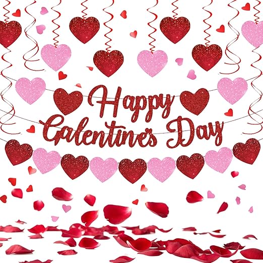 Galentines Decorations, Happy Galentines Day Banner Bunting, Red Rose Petal Heart Confetti Garland Galentines Party Supplies Table Decor Set (Galentine's Day)