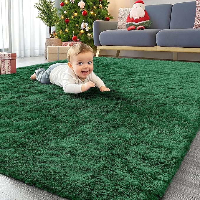 Homaxy Fluffy Shaggy Rugs Living Room, Large Anti Slip Carpet, Machine Washable Soft Thick Pile Bedside Rug for Kids Bedroom, Nursery - Dark Green, 120 x 160 cm