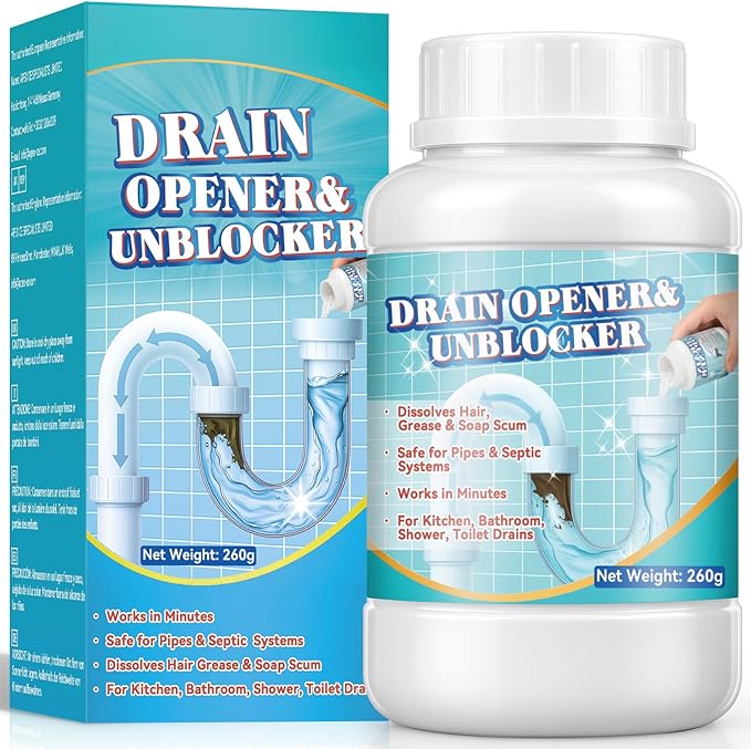 Drain Unblocker, Outdoor Toilet Unblocker Drains Cleaner Powder, Heavy Duty Drain Cleaner for Kitchen Sink, Toilet, Shower, Sink Unblocker for Hair, Grease and Food Clogs (260g)