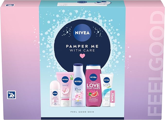 NIVEA Pamper Me With Care Gift Set (6 Products), Women's Gift Set with Shower Gel, Moisturising Cream, Body Lotion, Lip Balm, Anti-Perspirant Roll-On, and Cream Wash