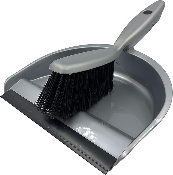Household Dustpan and Brush Set, Soft Bristle Brush and Plastic Dust Pan with Rubber Lip to Collect and Sweep Dust and Dirt from Floors, Stylish Silver Colour Hand Brush and Dustpan for Home Cleaning