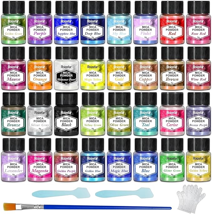 Roizefar Mica Powder, 32 Colours x 5 g Pearlescent Epoxy Resin Pigment Metallic Powder for Soap Paint, Jewellery Making, Nail Polish, Epoxy Resin, Candle Making, Bath Bombs, Slime