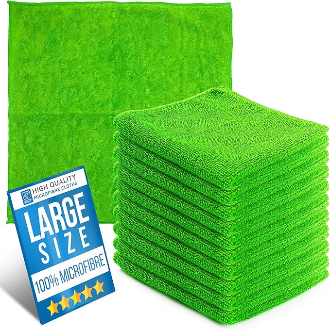 Microfiber Cleaning Cloth, Large Size 40x40cm, Super Absorbent Lint Free Microfibre Cloths Cleaning for Home, Kitchen, Surface, Mirrors, Bathrooms, Motorbike, Car (Green, 10)