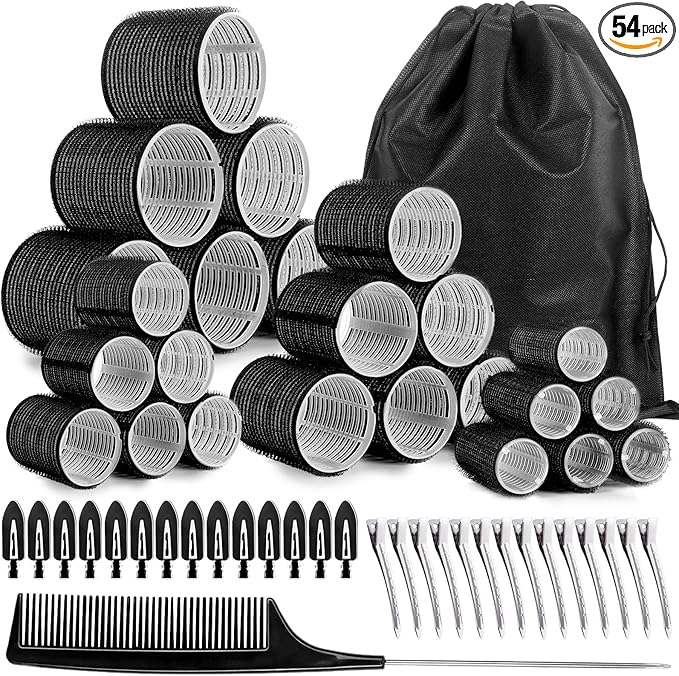 54 PCS Hair Rollers with Clips, Black Rollers for Hair, Jumbo Large Medium Small Hair Curlers Rollers for Long Medium Short Thick Fine Hair DIY Hairdressing (Black)
