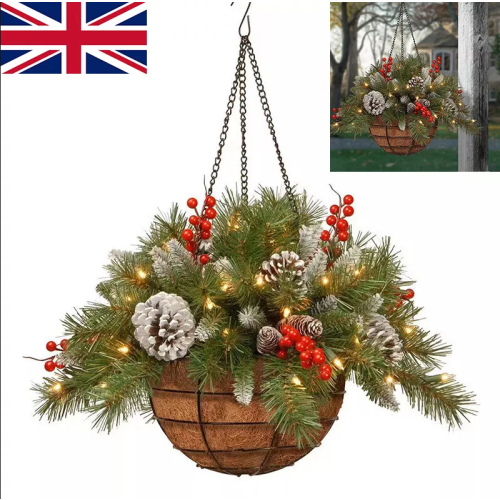Christmas Artificial Flower Hanging Basket w/ LED Lights Xmas Garden