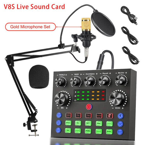 (V8S Sound Card, 1 Set) Podcast Equipment Bundle, Live Sound Control Device & BM-800 Condenser Microphone, Sound Card and Microphone Kit for Recording, Gaming, Singing