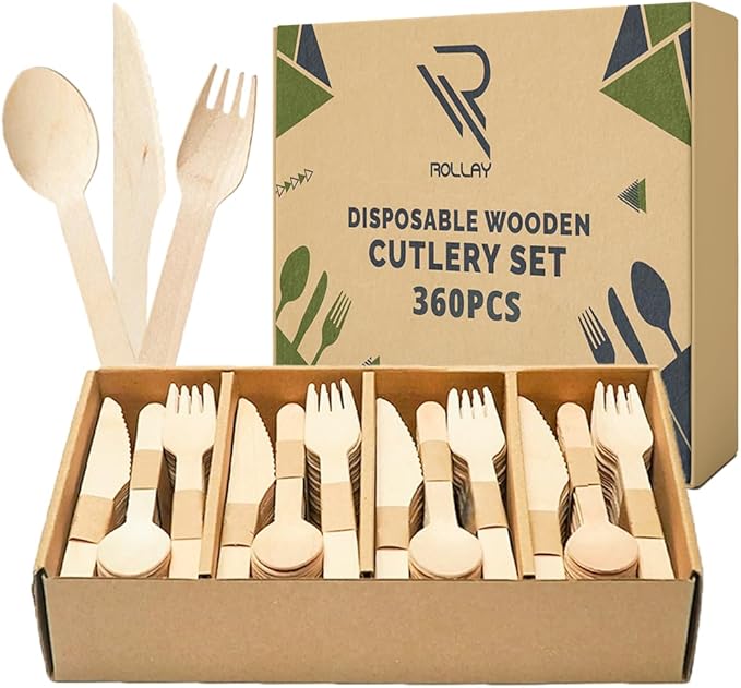 360 PCS Disposable Wooden Cutlery Set - Biodegradable Disposable Cutlery Set with 120 Spoons 120 Forks, and 120 Knives, Compostable Cutlery Wooden Utensils for Any Occasion