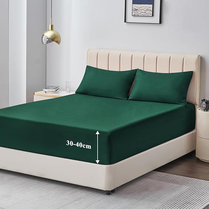 Aisbo King Size Fitted Sheet Emerald - Extra Deep Pocket Bed Sheet 16 inch 40 cm - Microfiber Bottom Sheet, 150x200cm