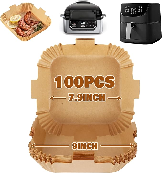 YQL Air Fryer Liners Square for COSORI 5.5L-6.4L, 100pcs Disposable Airfryer Accessories 7.9Inch for Basket 5L-7.5L, Non Stick Parchment Paper for Tefal Easy Fry 5L-7.5L/Ninja Speedi/AF180UKCP/Philips