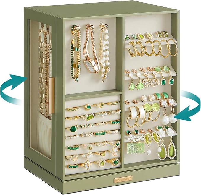 SONGMICS Jewellery Box 360° Rotating, Jewellery Organiser with 5 Drawers, Jewellery Display Case, Glass Window, Spacious, Vertical Jewellery Storage, Open Design, Great Gift, Laurel Green JBC170C02