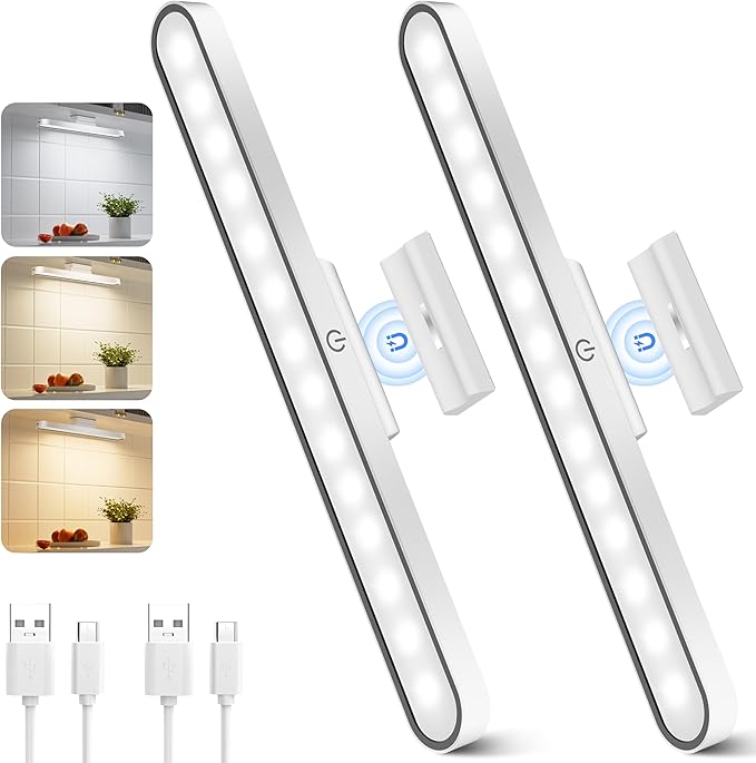 2 Pack Under Cabinet Kitchen Lights, 6000K Dimmable Wireless Under Cupboard Kitchen Lights, USB-C 2500mAh Rechargeable Battery Operated LED Lights Indoor for Cupboard, Wardrobe, Stair and Mirror[Energy Class A+++]