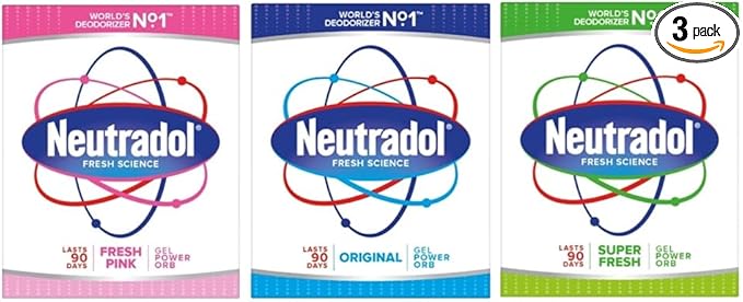 Neutradol Slow Release Gel, Air Freshener and Odour Eliminator, No Plug or Spray Needed, Super Fresh, Fresh Pink & Original, Multipack of 3 x 135g