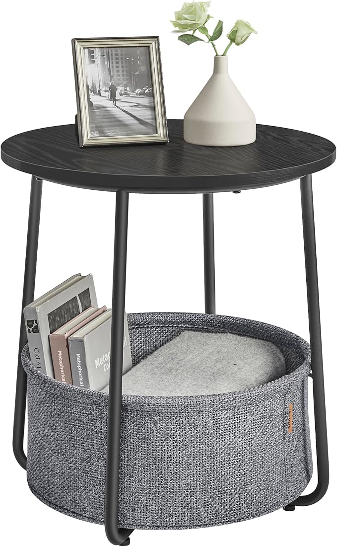 VASAGLE Side Table, Round End Table with Fabric Basket, Spacious, for Living Room Bedroom, Bedside Table, Modern Style, Ebony Black and Slate Grey LET223B01