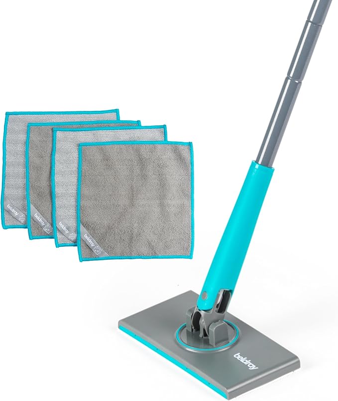 Beldray Anti-Bac Clip-to-Grip Bathroom Mop - Tiles/Floor/Mirrors/Bathtub, Hygienic Push Release Handle, 360° Swivel Head, 4 Machine Washable Cloths, Cleaning & Scrubbing, Wet & Dry