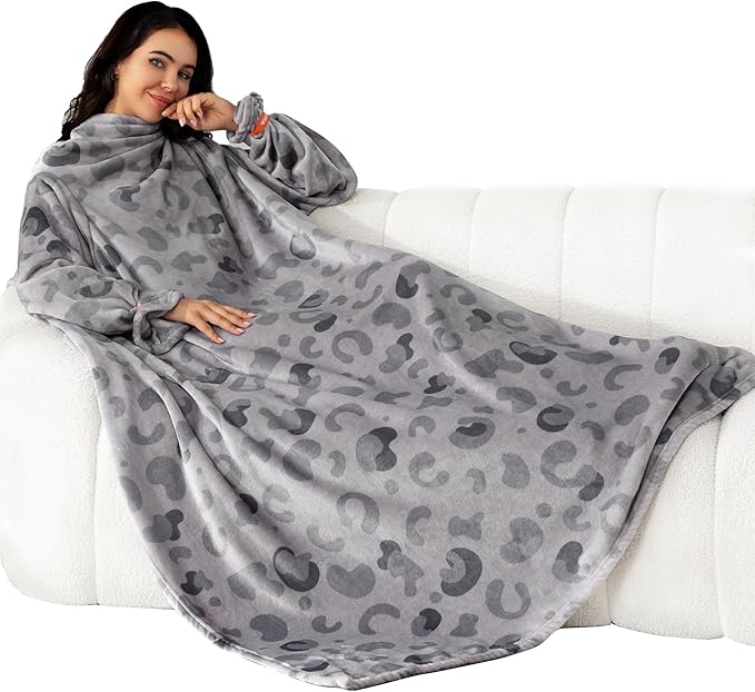 Winthome Blanket with Sleeves, Gift for Women Men Adult, Soft and Cozy Wearable Blanket with Elastic Cuffs, Hook and Loop Fastener (Printed Grey, 140x180cm)