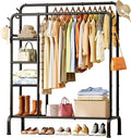 Clothes Rail - Double-Rod Clothes Rack with Built-In Hooks & Shelves, Multi-Functional Clothing Rail for Bedroom, Living Room, Entryway, 106 x 39 x 153cm, Black