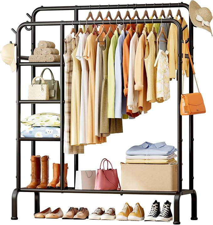 Clothes Rail - Double-Rod Clothes Rack with Built-In Hooks & Shelves, Multi-Functional Clothing Rail for Bedroom, Living Room, Entryway, 106 x 39 x 153cm, Black
