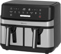EMtronics EMAFDD9LSL Dual Air Fryer Extra Large Family Size Double XL 9 Litre with 8 Pre-Set Menus for Oil Free & Low Fat Healthy Cooking, Easy Clean Metal Interior, 99-Minute Timer - Stainless Steel