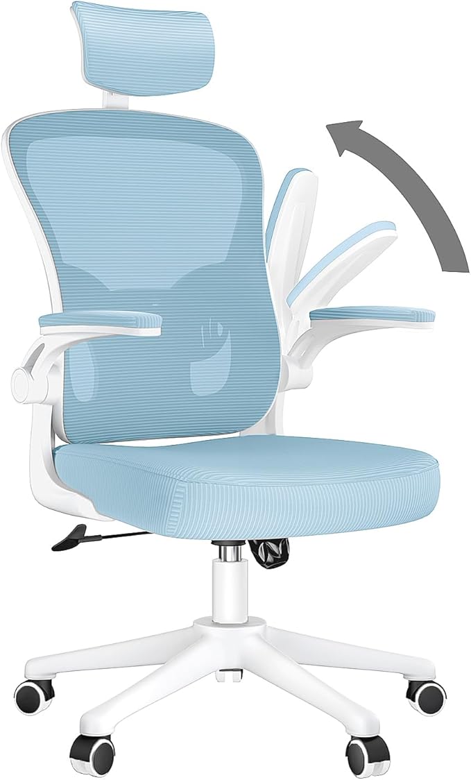naspaluro Office Desk Chair with Flip-Up Armrest High Back Ergonomic Computer Chair with Adjustable Headrest and Lumbar Support Executive Swivel Chair for Home and Office - Blue