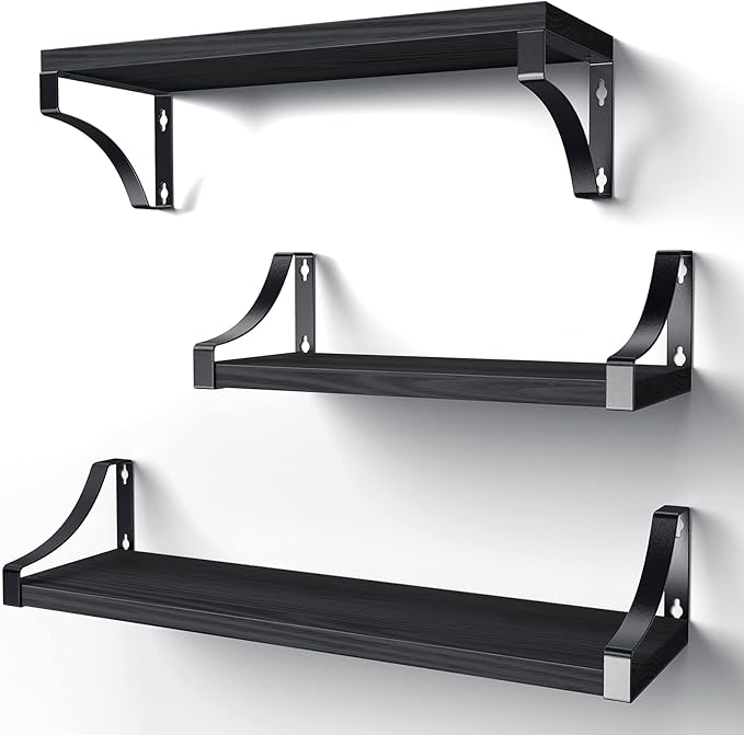 Pipishell Floating Shelves Wall Mounted Shelf, Paulownia Wood Wall Shelves, Wooden Shelves Set of 3 for Bedroom, Bathroom, Living Room, Kitchen, Home Office, Laundry room,etc (Black)