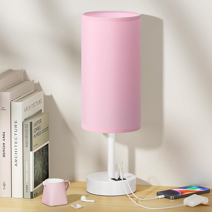 Aooshine Pink Bedside Lamps, Touch Bed Lamp with USB-C+A Charging Ports, White Metal Base(Bulb Included)[Energy Class F]