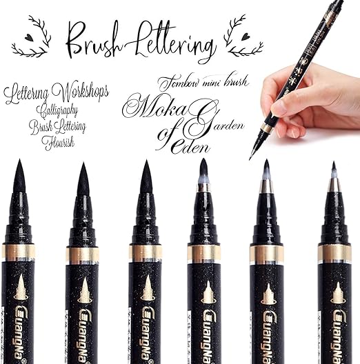 Calligraphy Pens - 6pcs Calligraphy Set for Beginners Refillable Black Brush Marker Pens,Hand Lettering Pens for Writing, Signature, Illustration, Design and Drawing, 4 Sizes
