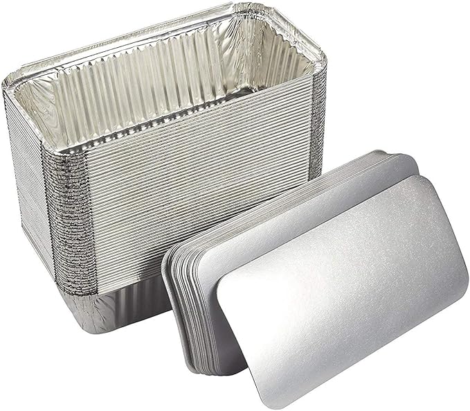 Zuvo 50 Large Aluminium Disposable Reusable Foil Food Container with Lids, 600 milliliters, Silver