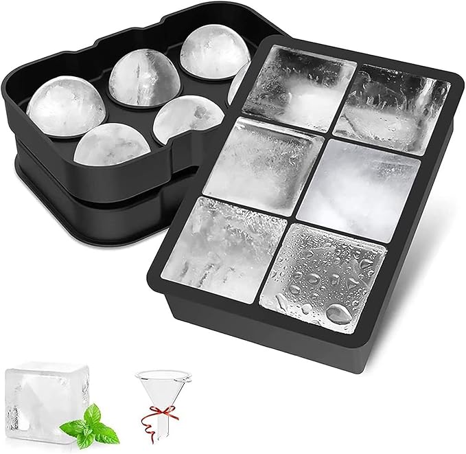 Silicone Ice Cube Tray (Set of 2), Large Ice Cube Moulds & Ice Ball Maker with Funnel, Easy Release, Reusable BPA Free Ice Tray for Whiskey, Cocktails, Baby Food, Craft, Homemade, Black