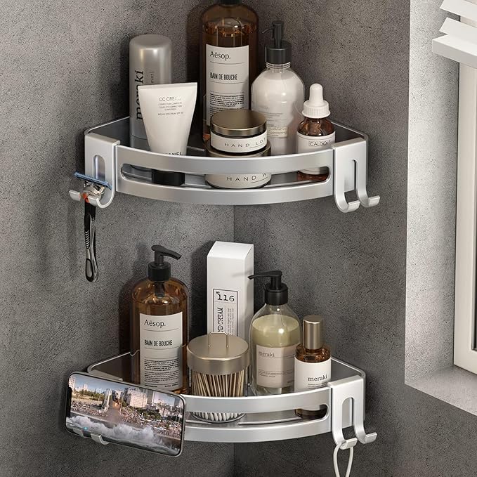 Voldra Corner Shower Caddy No Drilling, Shower Shelf Coner Adhesive Bathroom Corner Shelves with 4 Razor Hook No Drill Bathroom Organiser Storage Wall Mounted(2-Pack, Silver)